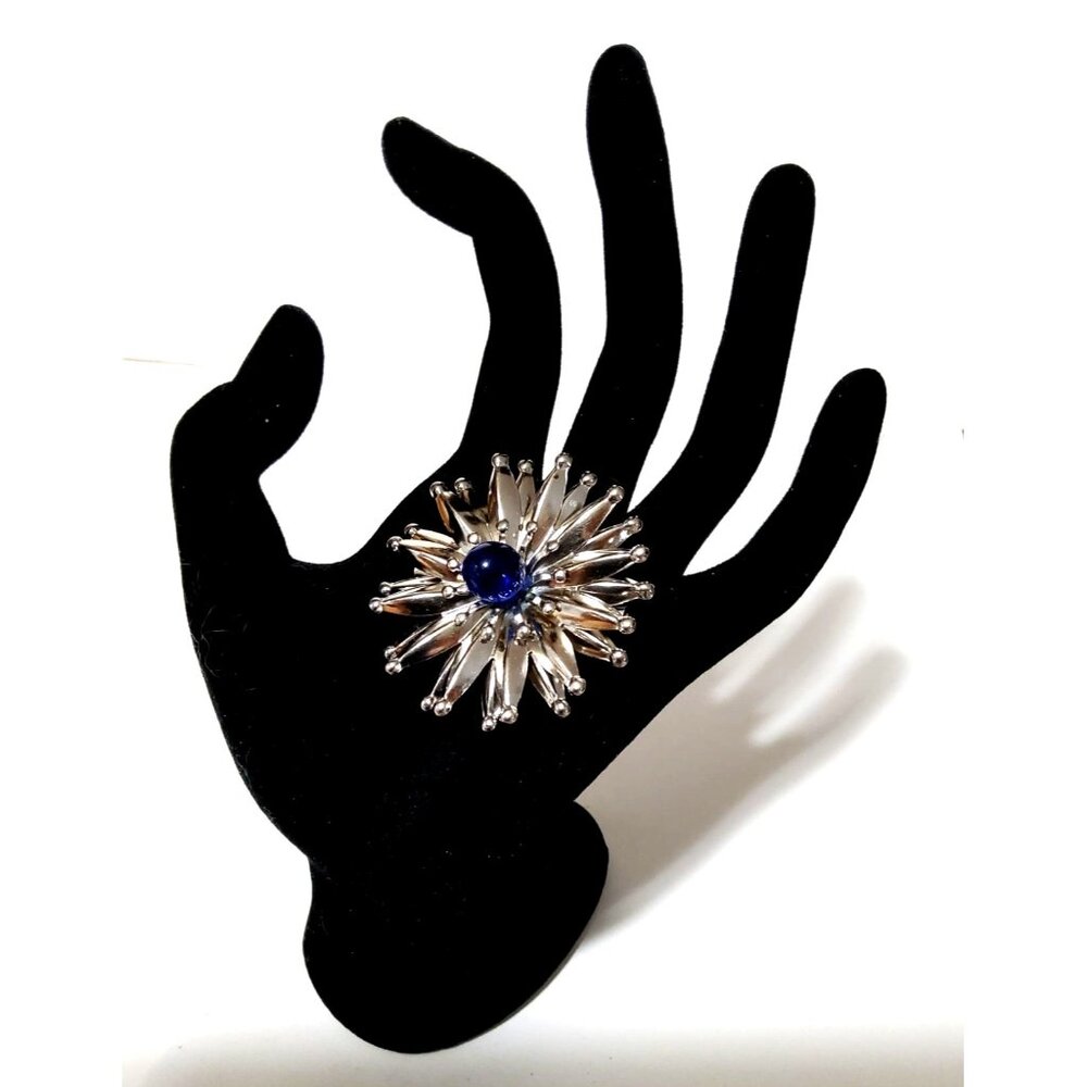 Silver-Tone Starburst Brooch With Blue Center Stone & Rhinestone Accents